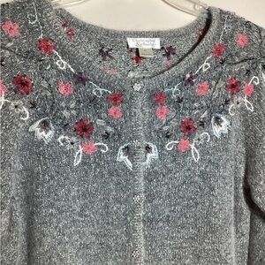 Vtg Christopher & Banks XL Cardigan Silk Angora Sweater Floral Embellished Gray
